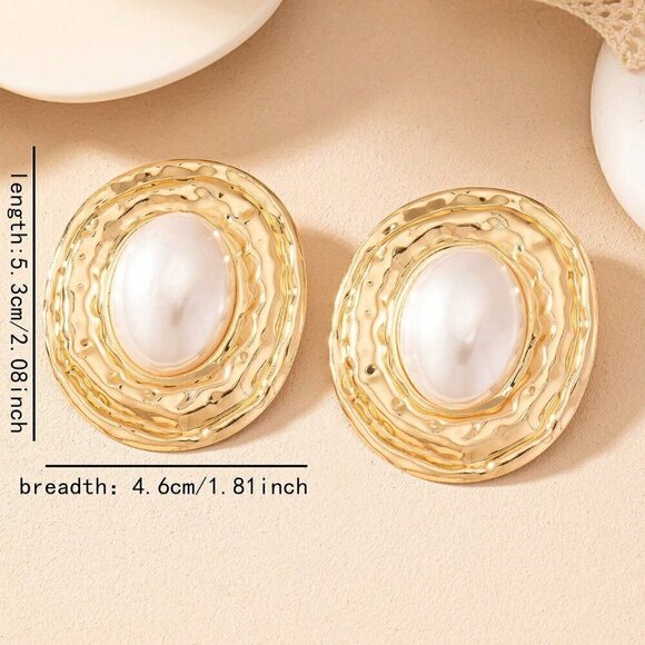 Yellow Gold Women's Geometric Texture Oval Pearl Inlay Pendant Vintage Earrings - Picture 4 of 6